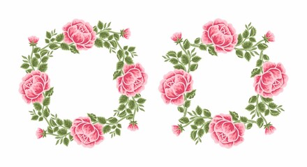 Set of aesthetic, classic, vintage pink rose and peony flower frame and floral wreath vector illustration elements for invitation, decoration, feminine beauty products, garden party, greeting card