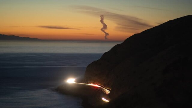 Malibu Pacific Coast Highway Sunset PCH light streaks cars driving Time Lapse 6K source