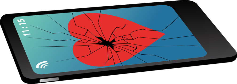 Generic smartphone with a broken screen and a heart on it as a metaphor for dangers of internet dating, EPS 8 vector illustration	