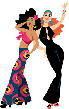 Two young women dressed in 1970s club fashion, EPS 8 vector illustration