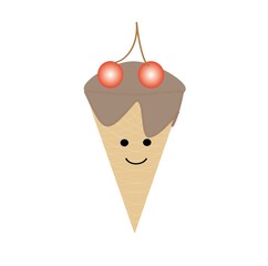 Waffle ice cream cone Kawaii funny face poured with chocolate with cherries, isolated on a white background 