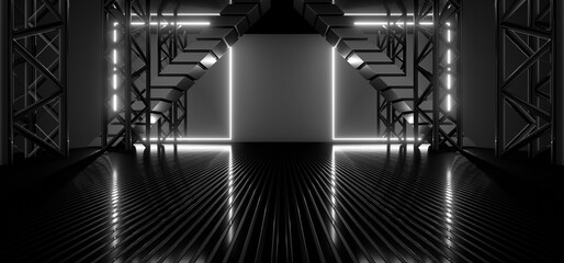 A dark tunnel lit by white neon lights. Reflections on the floor and walls. 3d rendering image.