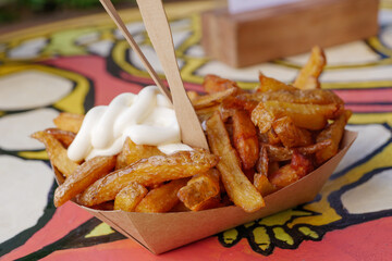 Selective focus at French fried and potato fried with mayonnaise on colourful table.
