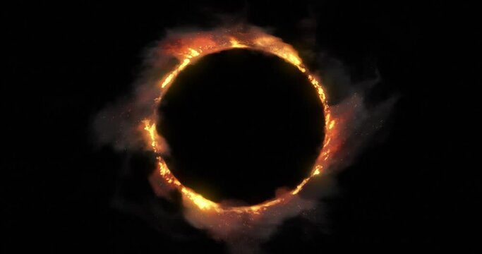 Burning fiery ring. hot flames and sparkling ember swirling around circle or eclipse. perfect for center placement of logo or text content. 4K loop, alpha channel included.