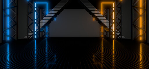 Sci Fy neon lamps in a dark hall. Reflections on the floor and walls. 3d rendering image.