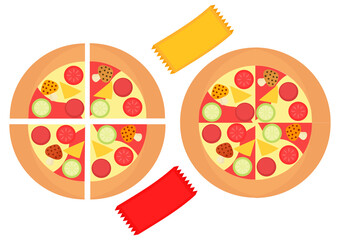 illustration of delicious pizza with cheese sauce and chili sauce sachets, with a bright color combination, and with a simple and modern design