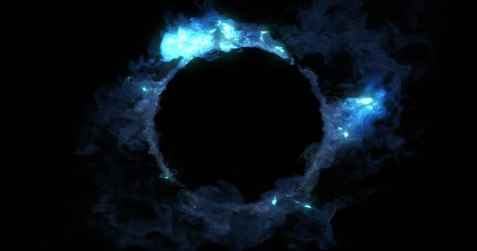 Dramatic Effect with Blue Plasma ring, Swirling and exploding smoke, ember moving around a circle shape. 4K loop with Alpha channel. perfect for epic logo placement or intro. VJ loop.