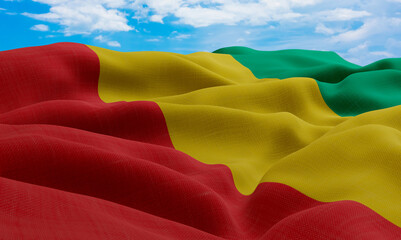 Fototapeta na wymiar Guinea flag in the wind. Realistic and wavy fabric flag. 3D rendering.