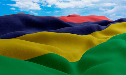 Mauritius flag in the wind. Realistic and wavy fabric flag. 3D rendering.