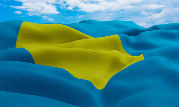 Palau flag in the wind. Realistic and wavy fabric flag. 3D rendering.
