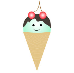 Vanilla ice cream in a waffle cone poured with chocolate, with cherries and a funny face of kawaii