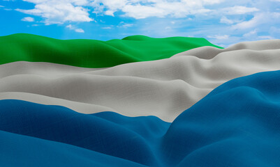Sierra Leone flag in the wind. Realistic and wavy fabric flag. 3D rendering.