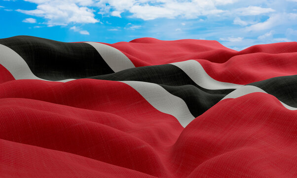 Trinidad and Tobago flag in the wind. Realistic and wavy fabric flag. 3D rendering.