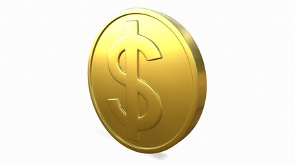 Gold coin with a dollar sign on a white background 3d-rendering
