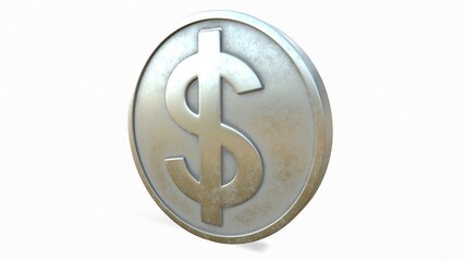 Silver coin with a dollar sign on a white background 3d-rendering