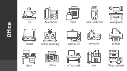Office, editable outline icons set isolated on white. Perfect thin outline icon style