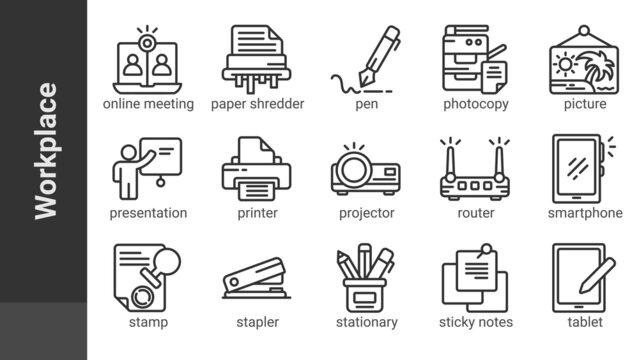 Workplace 3, editable outline icons set isolated on white. Perfect thin outline icon style