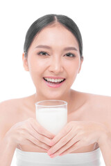 beauty woman Asian cute girl feel happy drinking milk for good health in the morning on white background - lifestyle beauty woman concept