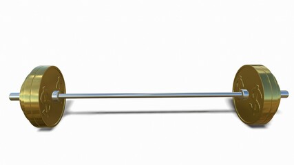 Gold barbell with a dollar sign on a white background 3d-rendering