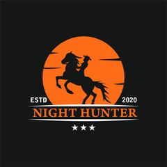 Man in a cowboy hat riding a horse at sunset / Moon logo design illustration