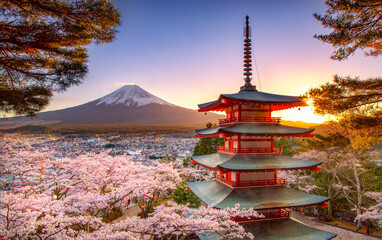 Chureito Pagoda and Fuji Mountain withP Pink Sakura in Spring at Sunset, Fujiyoshida, Yamanashi,...