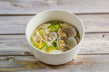 Korean style clam noodle soup 'Bajirak Kalguksu'