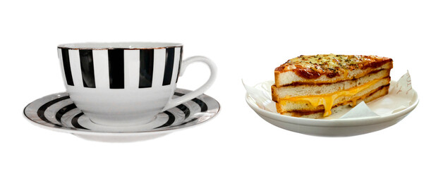 Black and white striped coffee cup and bread, ham and cheese sandwich on white background and clip...