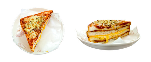 Bread, ham and cheese sandwich white background cheeky and top view and clipping path.