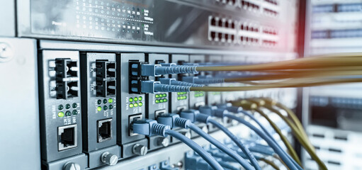 Fiber Optic cables connected to optic ports and UTP, Network cables connected to ethernet ports