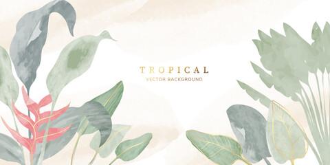 tropical leaves watercolor background vector. Luxury wallpaper with tropical leaf framed, mountain, palm leaf, flower,Vivid foliage, exotic green and gold brush glitter.