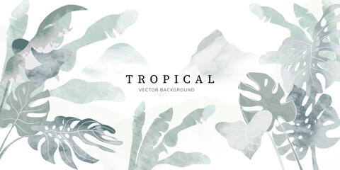 tropical leaves watercolor background vector. Luxury wallpaper with tropical leaf framed, mountain, palm leaf, flower,Vivid foliage, exotic green and gold brush glitter.