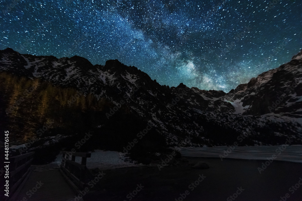 Wall mural bright starry sky with the milky way on the background of high tatras mountains