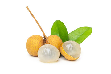 Fresh longan sweet taste with leaf (Dimocarpus longan) isolated on white background clipping path. Tropical fruit central of Thailand.