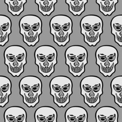 Seamless pattern with happy skulls on a gray background, vector graphics