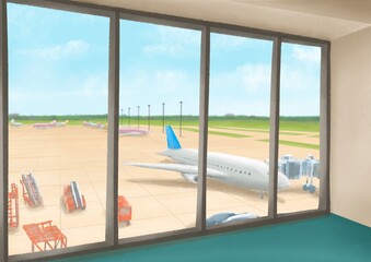 International airport terminal, a digital painting of landscape of airfield with airplane and blue sky view from window building raster 3D illustration anime background.