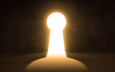 Keyhole Light Door In a Big Empty Dark Room Grungy walls and floor wall with soft lights.  The key to success concept