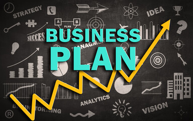 Fototapeta na wymiar Business Plan Chalkboard Background With Business Sigs , Icons and symbol. Rising Graph arrow business plan Concept 