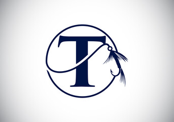 Initial T monogram letter alphabet with fishing Hook. Fishing logo concept vector illustration. Modern logo design for fishing shop, business, and company identity