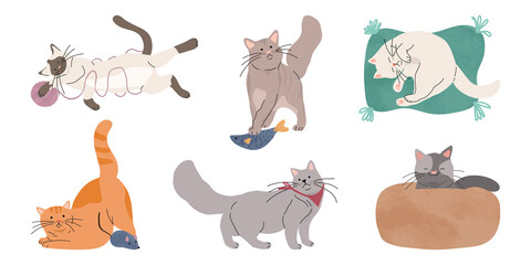 Cute cat watercolor doodle vector set. Cartoon cats or kitten characters design collection with flat color in different poses. Set of purebred pet animals isolated on white background. © TWINS DESIGN STUDIO