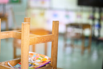 Back to school concept. School empty classroom, Lecture room with desks and chairs iron wood for studying lessons thailand without young student.School closed due to covid 2019