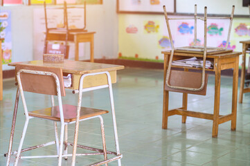 Back to school concept. School empty classroom, Lecture room with desks and chairs iron wood for studying lessons thailand without young student.School closed due to covid 2019