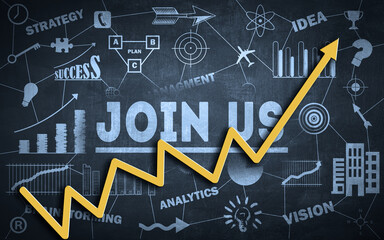 Join Our Successful Team Concept. Rising Graph with business icons in chalkboard. business concept 