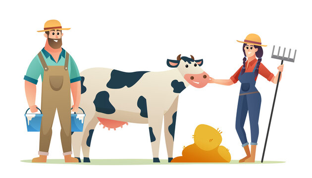 Cow farmer cartoon characters set