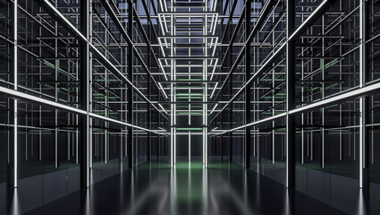 Modern style empty black space interior background 3d render,glossy floor,transparent wall, Decorated with white neon lights.