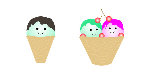 Kawaii ice cream in waffle cups. Cute cartoons are isolated on a white background.
