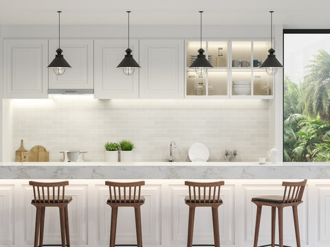 Luxury white kitchen counter 3d render, decorated with wooden stool and white kitchen counter and a white marble island worktop with large window overlooking the nature