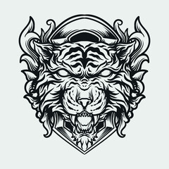 tattoo and t shirt design black and white hand drawn tiger head engraving ornament