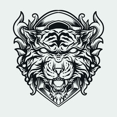 tattoo and t shirt design black and white hand drawn tiger head engraving ornament