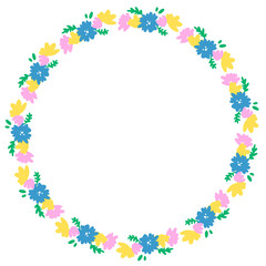 노란꽃과 파란꽃 분홍꽃이 있는 원형 테두리
