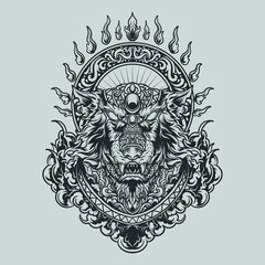 Fototapeta premium tattoo and t shirt design black and white hand drawn wolf engraving ornament